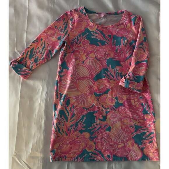 Girl’ Lilly Pulitzer Little Devon Dress Floral Marine Oink Blue Sz XL (12-14) - Picture 1 of 5